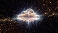 Glowing Cloud Formation with Digital Network and Particles on Dark Background computing technology Royalty Free Stock Photo