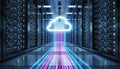 Glowing Cloud Hovering Above Server Racks with Data Streams Royalty Free Stock Photo