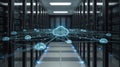 A glowing cloud icon connects to other nodes in a futuristic server room, symbolizing cloud computing and data networks Royalty Free Stock Photo