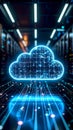 Glowing cloud icon with digital data lines in a server room symbolizing cloud computing and data storage Royalty Free Stock Photo