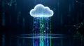 Glowing cloud icon with digital data streaming into water, symbolizing cloud computing, data storage, and network technology Royalty Free Stock Photo