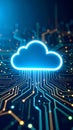 Glowing cloud icon over circuit board, data transfer concept, digital technology Royalty Free Stock Photo