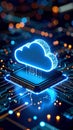 Glowing cloud icon over computer processor circuit board technology concept Royalty Free Stock Photo