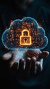 Glowing Cloud Icon With Padlock Held In Open Hand, Symbolizing Data Security And Cloud Computing Royalty Free Stock Photo