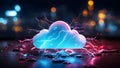Glowing cloud with neon lightning, blue and pink, futuristic energy, tech concept Royalty Free Stock Photo