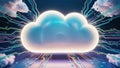glowing cloud shaped hologram with interconnected data streams symbolizes AI automation in cloud computing, showcasing future of Royalty Free Stock Photo