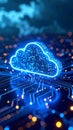 Glowing cloud symbol on a circuit board representing data storage and technology Royalty Free Stock Photo