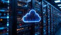 A glowing cloud symbol in front of a server rack representing cloud computing and data storage systems Royalty Free Stock Photo