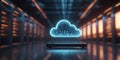 Glowing cloud symbol hovering over a futuristic server room illustrating the concept of cloud computing in the digital Royalty Free Stock Photo