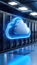 Glowing cloud symbol in a server room symbolizing cloud computing and data storage. Royalty Free Stock Photo