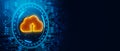 Glowing Cloud Upload Icon on Digital Circuit Background. 3D Rendering