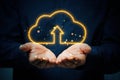 Glowing cloud upload symbol held in hands on dark background Royalty Free Stock Photo