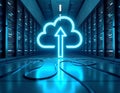 Glowing cloud upload symbol in server room cloud computing data center Royalty Free Stock Photo