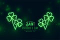Glowing clover neon green leaves st patricks background