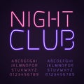 Glowing club font. Purple and pink neon lamps letters and numbers, fluorescent bright light typescript, retro shining