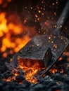 Glowing coal on a shovel surrounded by flames. Royalty Free Stock Photo