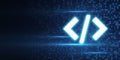 Glowing Coding Symbol on Digital Binary Background. 3D Rendering