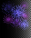 Glowing collection. Purple and blue firework, light effects isolated on transparent background. Sunlight lens flare, stars.