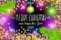 Glowing color Christmas Lights Wreath for Xmas Holiday Greeting Cards Design. Merry Christmas and Happy New Year 2017, vector. con Royalty Free Stock Photo