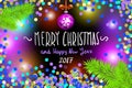 Glowing color Christmas Lights Wreath for Xmas Holiday Greeting Cards Design. Merry Christmas and Happy New Year 2017, vector. con Royalty Free Stock Photo