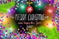 Glowing color Christmas Lights Wreath for Xmas Holiday Greeting Cards Design. Merry Christmas and Happy New Year 2017, vector. con Royalty Free Stock Photo