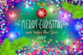 Glowing color Christmas Lights Wreath for Xmas Holiday Greeting Cards Design. Merry Christmas and Happy New Year 2017, vector. con Royalty Free Stock Photo