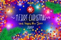 Glowing color Christmas Lights Wreath for Xmas Holiday Greeting Cards Design. Merry Christmas and Happy New Year 2017, vector. con Royalty Free Stock Photo