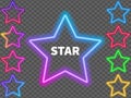 Glowing colorful neon signs of stars on a transparent background. Vector illustration Royalty Free Stock Photo