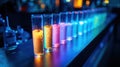 Glowing colorful neon test tubes in a dark illuminated laboratory bar setting