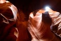 Glowing colors of Upper Antelope Canyon, the famous slot canyon in Navajo reservation near Page, Arizona,