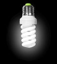 Glowing compact fluorescent light bulb with spiral tube on a black