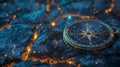 Glowing compass on sparkling rocks at night Royalty Free Stock Photo