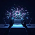Glowing complex neural network visualization in magenta and purple hues, rendered in vector illustration style, being reached for Royalty Free Stock Photo