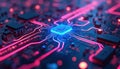 Glowing computer circuit board with blue central processor and pink connections. Modern technology background with intricate Royalty Free Stock Photo