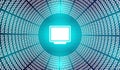 Glowing computer monitor centered in blue binary tunnel creating digital tech data flow abstract futuristic background Royalty Free Stock Photo