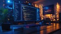 A glowing computer monitor displaying lines of code in a dimly lit room decorated with string lights Royalty Free Stock Photo