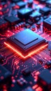 Glowing computer processor on a circuit board with red and blue neon lights Royalty Free Stock Photo