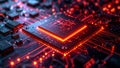 Glowing computer processor with red circuit board elements and digital data flow. Royalty Free Stock Photo