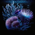 Glowing coral reef with sea anemones and fish. AI generative illustration