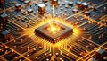 Glowing core of a powerful microprocessor on circuit board. Generative AI Royalty Free Stock Photo