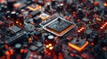 Glowing CPU Chip on Circuit Board. Technology and Computing Power