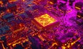 Glowing CPU on circuit board, data processing technological background for tech AI computing uses Royalty Free Stock Photo