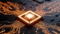 Glowing CPU on a Circuit Board with Illuminated Traces Royalty Free Stock Photo
