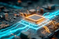 Close-up of a Glowing Computer CPU on a Motherboard With Data Streams Flowing Through the Circuits and Electric Lines Pulsing With Royalty Free Stock Photo