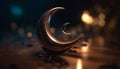 Glowing crescent lantern illuminates dark Ramadan night generated by AI