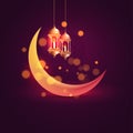 Glowing crescent moon and hanging illuminated lanterns on purple background.