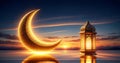 Glowing Crescent Moon and Lantern at Sunset for Ramadan or Eid Celebration Royalty Free Stock Photo