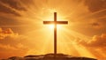 A glowing cross in a golden sunlit sky background