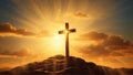 A glowing cross in a golden sunlit sky background