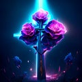 Glowing cross with purple roses on dark background. 3D rendering AI Generated Royalty Free Stock Photo